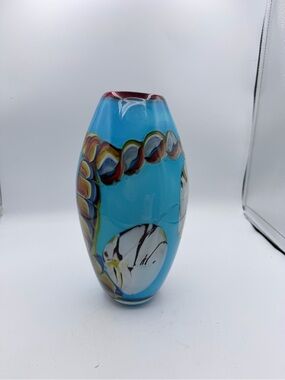 Blue Multicolor Art Glass Vase 10.5”